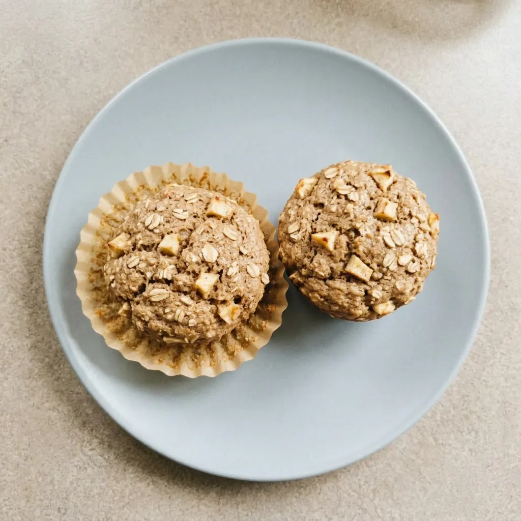 Ready to serve: a stack of two muffins with visible Greek yogurt dollop and apple slice garnish.