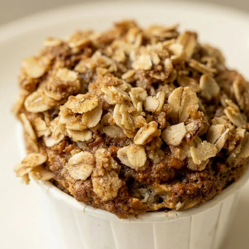Macro detail of a muffin’s golden dome with visible oat texture and cinnamon specks.