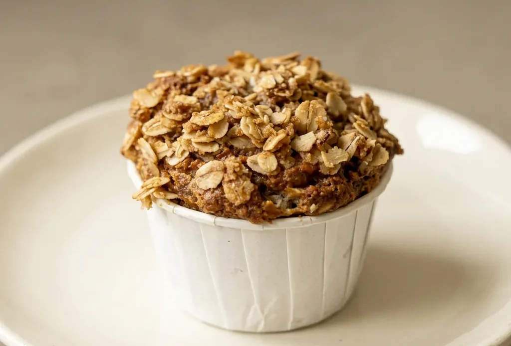 Top-down look at two banana oatmeal muffins topped with oat flakes and cinnamon swirls.