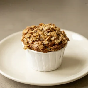 Top-down look at two banana oatmeal muffins topped with oat flakes and cinnamon swirls.