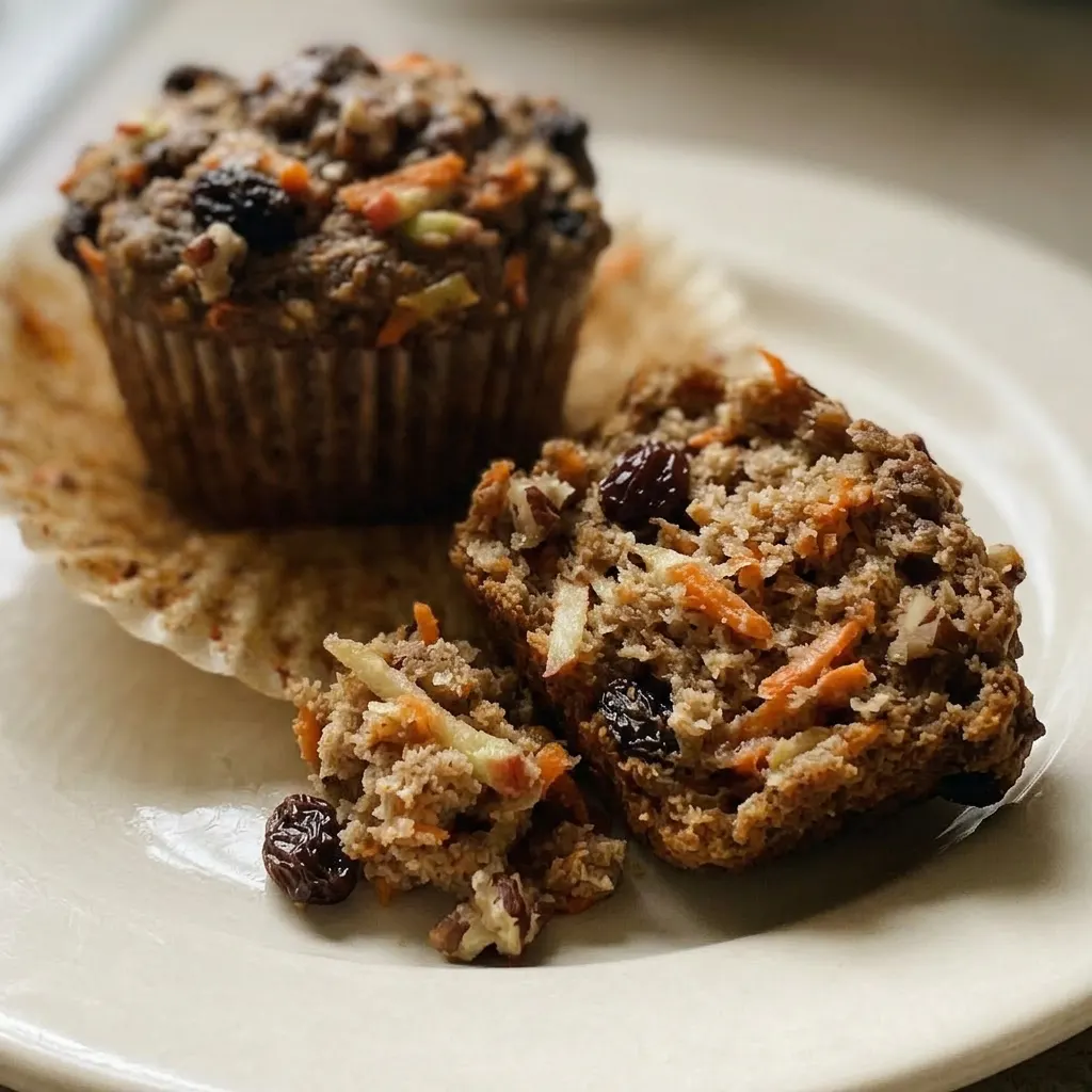 Close view of a maple-glazed muffin studded with carrot, apple, oats, raisins, pecans, and flax seed.