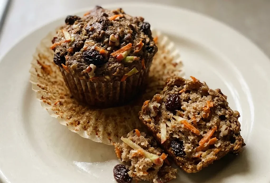Overhead shot of a whole wheat muffin with shredded carrot and apple, oats, raisins, and pecans on top.