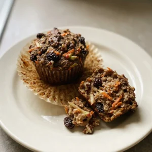 Overhead shot of a whole wheat muffin with shredded carrot and apple, oats, raisins, and pecans on top.