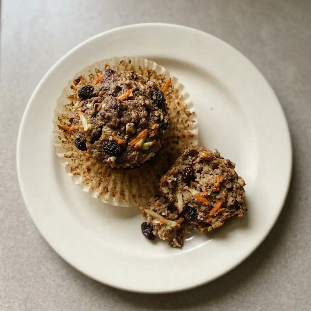 Plated muffin with visible carrot, apple, oats, raisins, pecans, and flax seed, drizzled with maple syrup.