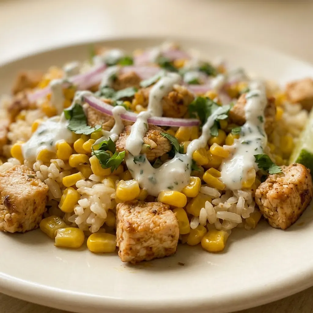 Zoomed in on a forkful of chicken, corn, and rice, with a drizzle of yogurt and a lime slice in the background.