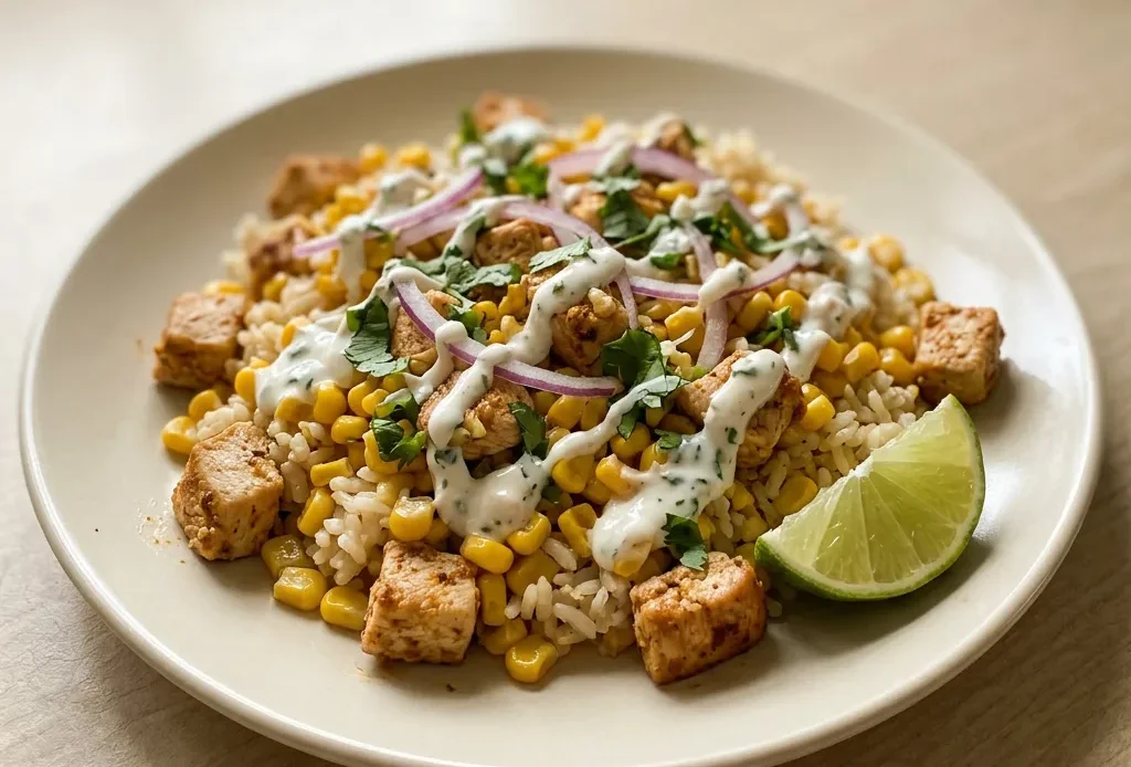 Bird's-eye view of a bowl with grilled chicken breast, corn kernels, white rice, and a lime wedge, topped with a dollop of Greek yogurt.