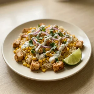Bird's-eye view of a bowl with grilled chicken breast, corn kernels, white rice, and a lime wedge, topped with a dollop of Greek yogurt.