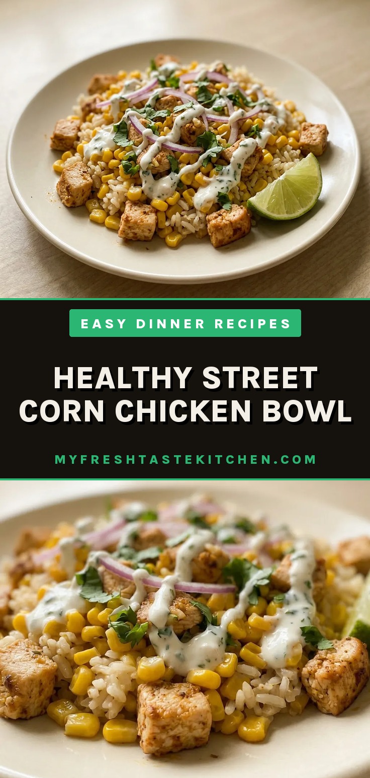 Bird's-eye view of a bowl with grilled chicken breast, corn kernels, white rice, and a lime wedge, topped with a dollop of Greek yogurt.