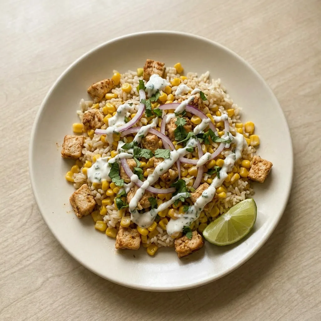 Ready to serve: chicken breast slices over rice and corn, garnished with a lime wedge and a swirl of Greek yogurt.