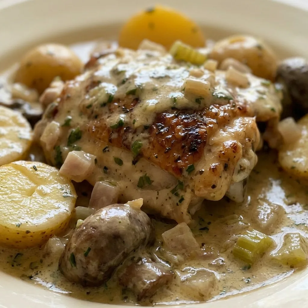 Close view of a chicken leg with crispy skin, mushrooms, and potatoes in a creamy sauce, with visible shallots and garlic, topped with fresh parsley.