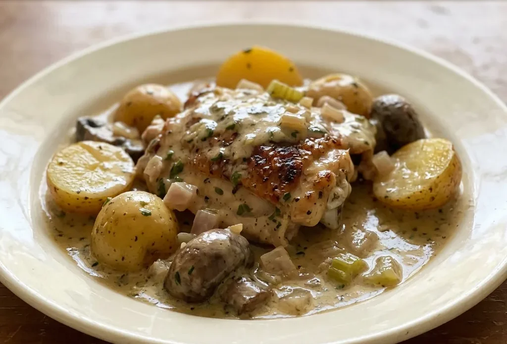 Overhead shot of a whole roasted chicken surrounded by mushrooms, potatoes, and celery in a creamy white wine sauce, garnished with sage and parsley.