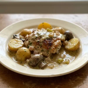 Overhead shot of a whole roasted chicken surrounded by mushrooms, potatoes, and celery in a creamy white wine sauce, garnished with sage and parsley.