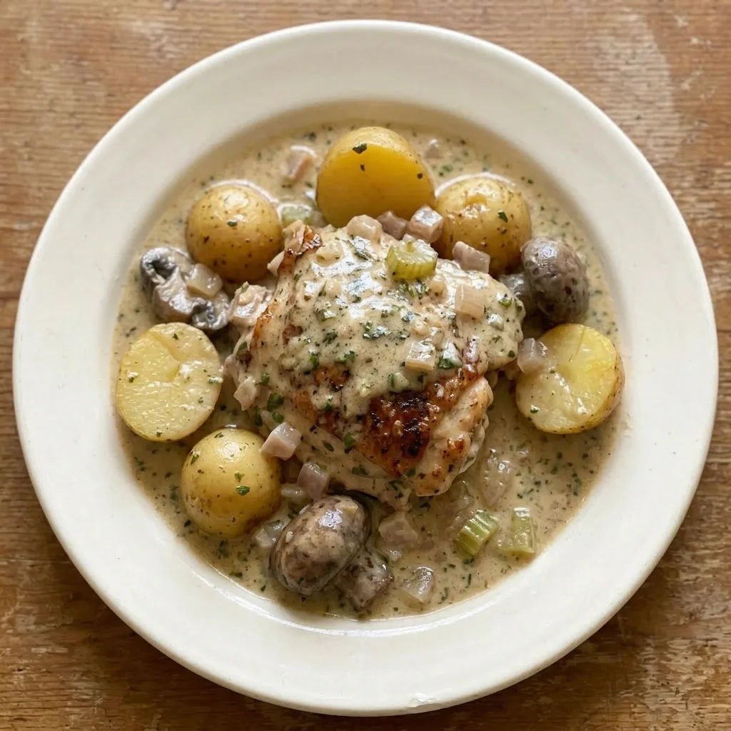 Plated chicken breast with sliced mushrooms, potatoes, and celery, drizzled with creamy white wine sauce and sprinkled with sage.