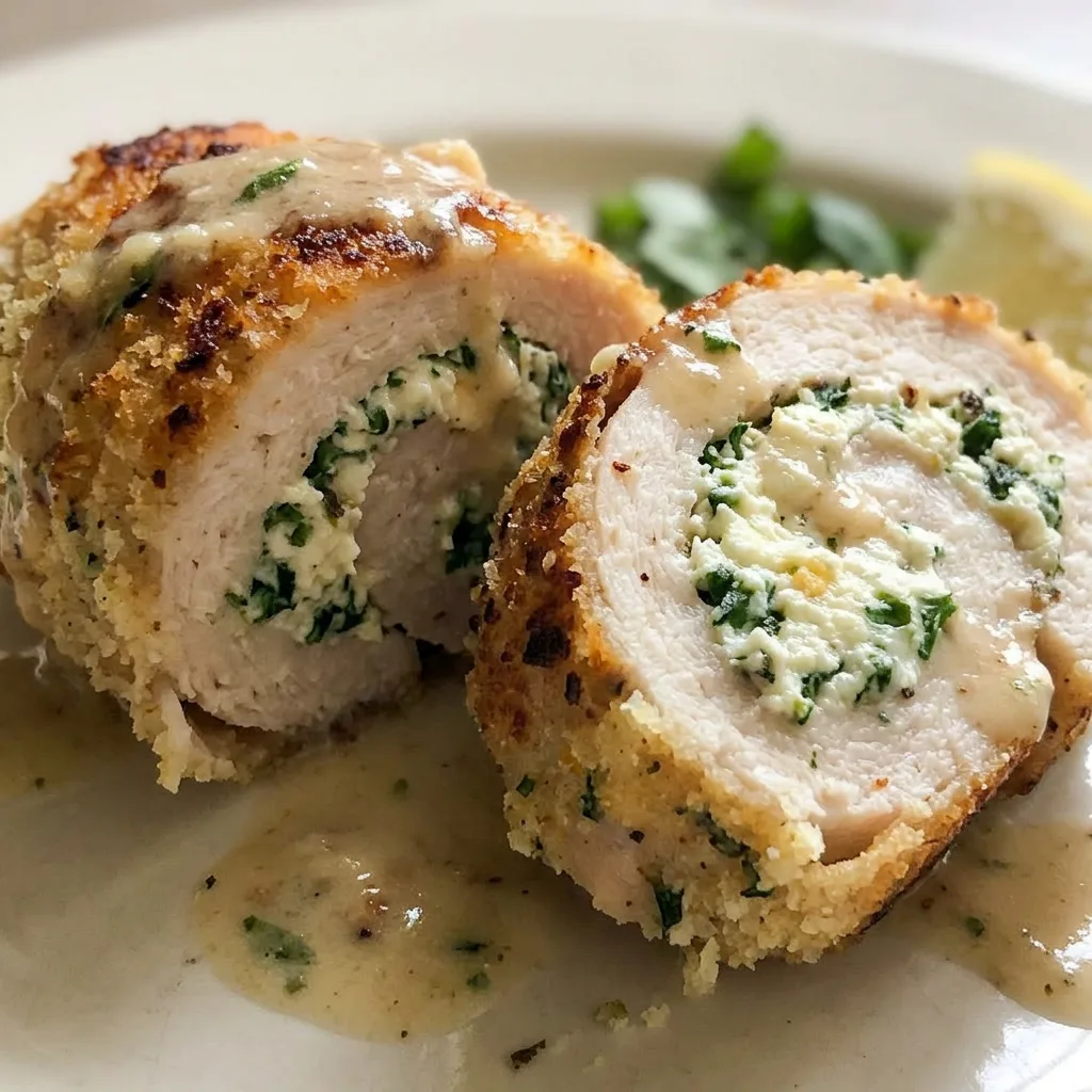 Zoomed in on a chicken roll slice showing ricotta and parmesan filling with herb specks.