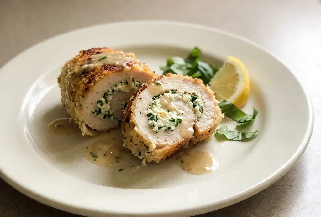 Bird's-eye view of two chicken rolls topped with fresh herbs and golden breadcrumbs on a dark surface.
