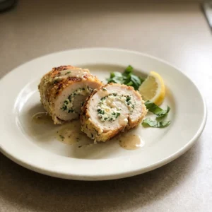 Bird's-eye view of two chicken rolls topped with fresh herbs and golden breadcrumbs on a dark surface.