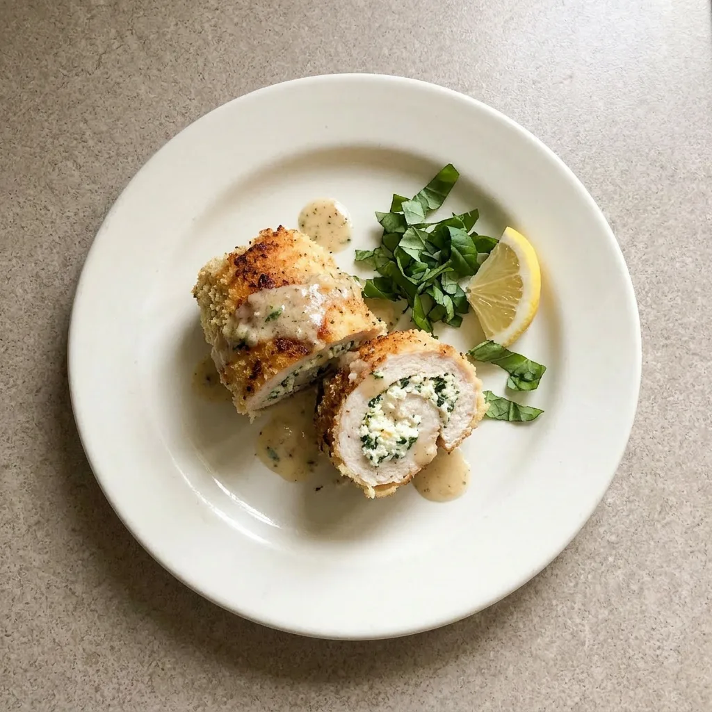 Ready to serve: three chicken rolls garnished with parsley, arranged on a slate board.
