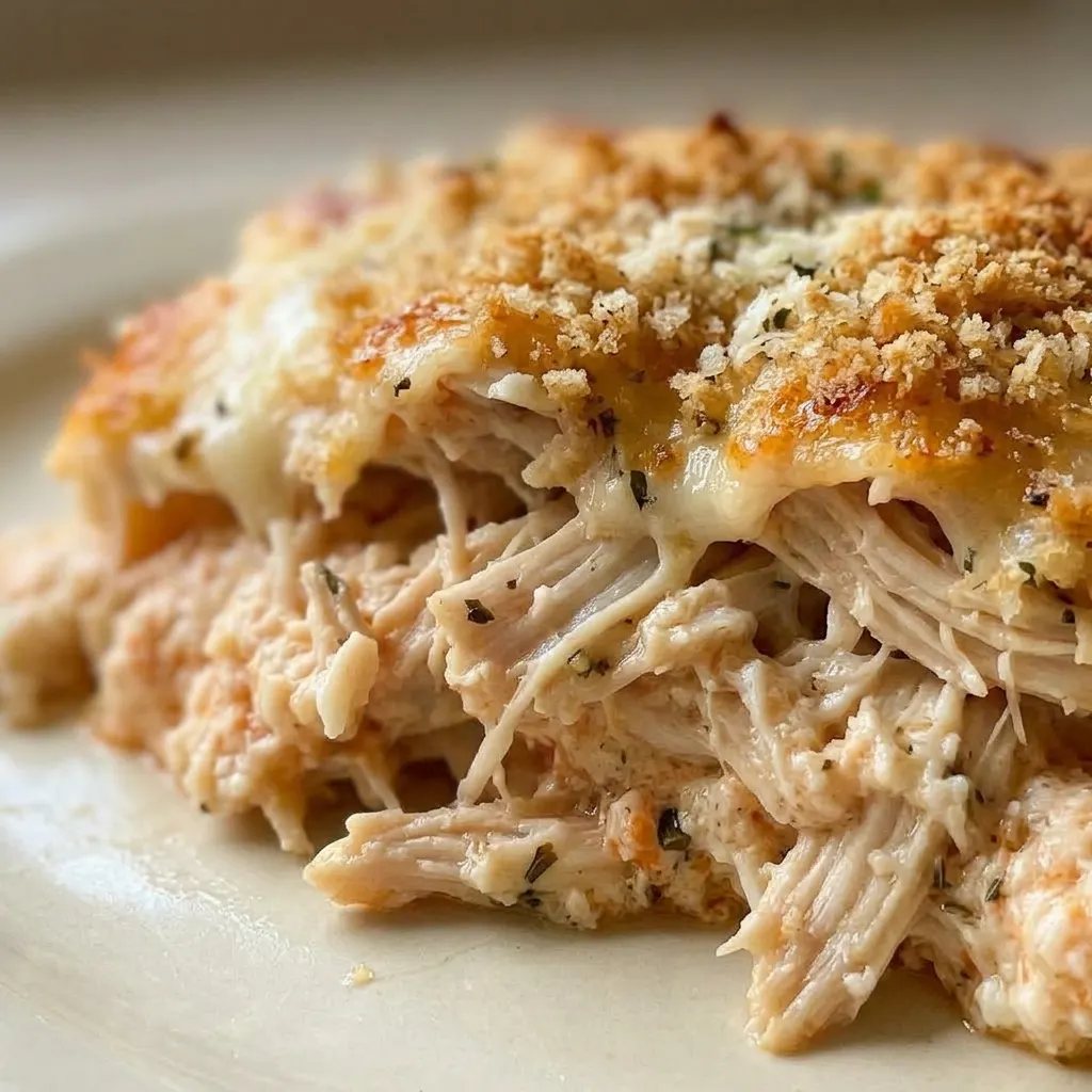 Macro detail of a chicken piece with marinara sauce, melted mozzarella and parmesan cheese, and whole wheat breadcrumbs on top.