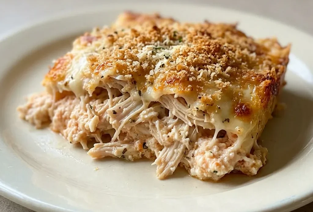 Top-down look at a casserole with chicken pieces covered in marinara sauce, topped with melted mozzarella and parmesan, and sprinkled with whole wheat breadcrumbs.