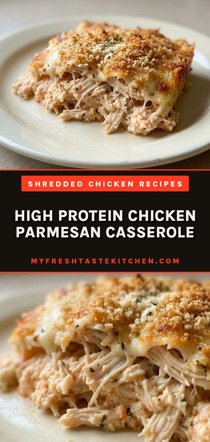 Top-down look at a casserole with chicken pieces covered in marinara sauce, topped with melted mozzarella and parmesan, and sprinkled with whole wheat breadcrumbs.