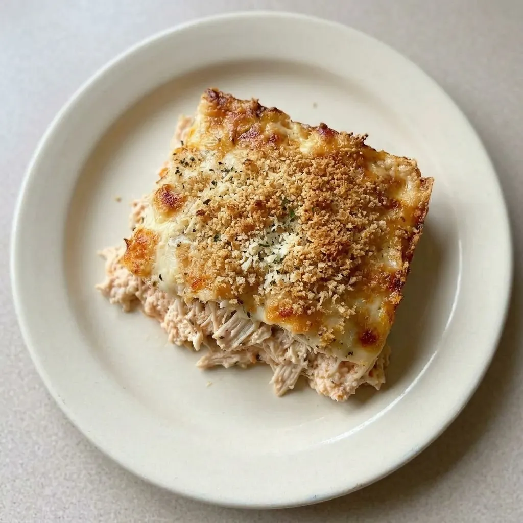 A serving of chicken parmesan casserole with marinara sauce, ricotta, mozzarella, and parmesan cheese, and whole wheat breadcrumbs.