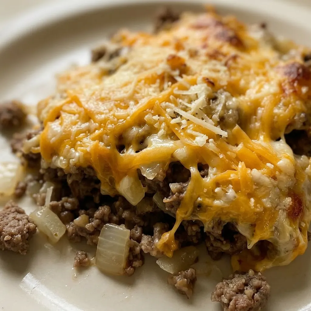 Macro detail of ground beef, potatoes, and melted cheddar cheese with Parmesan specks.