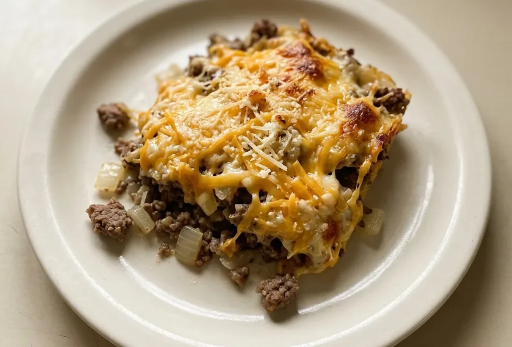 Top-down look at ground beef casserole topped with melted cheddar and Parmesan cheese.