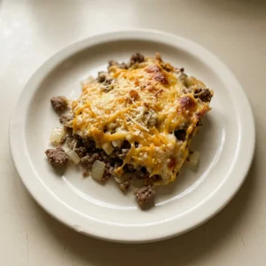 Top-down look at ground beef casserole topped with melted cheddar and Parmesan cheese.
