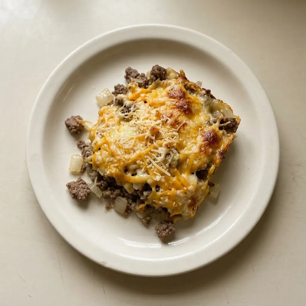 A serving of ground beef and potato casserole with golden cheddar and Parmesan cheese.