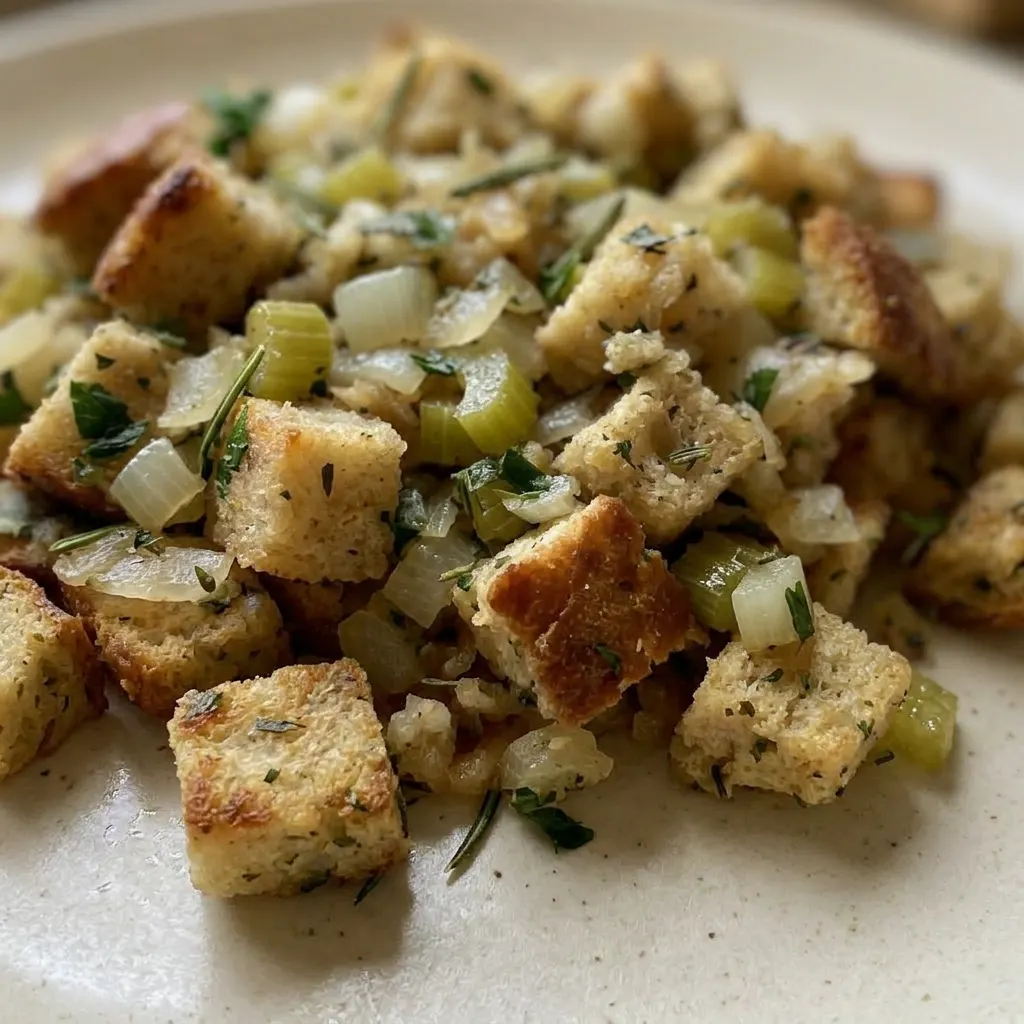 Zoomed in on a fork breaking apart a moist stuffing piece, revealing celery and herb flecks.