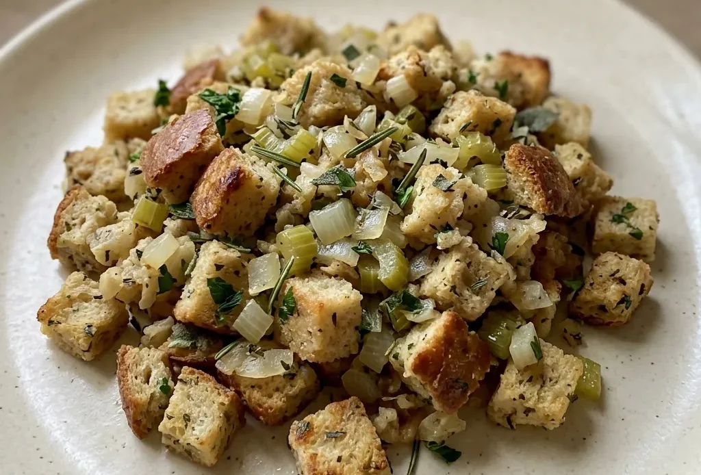 Bird's-eye view of a square of golden-brown stuffing with visible herbs and onion pieces.