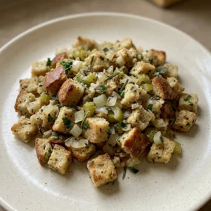 Bird's-eye view of a square of golden-brown stuffing with visible herbs and onion pieces.