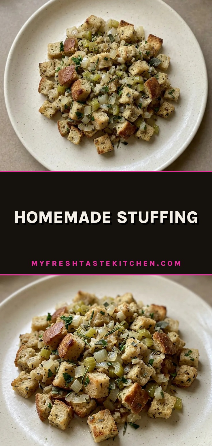 Bird's-eye view of a square of golden-brown stuffing with visible herbs and onion pieces.