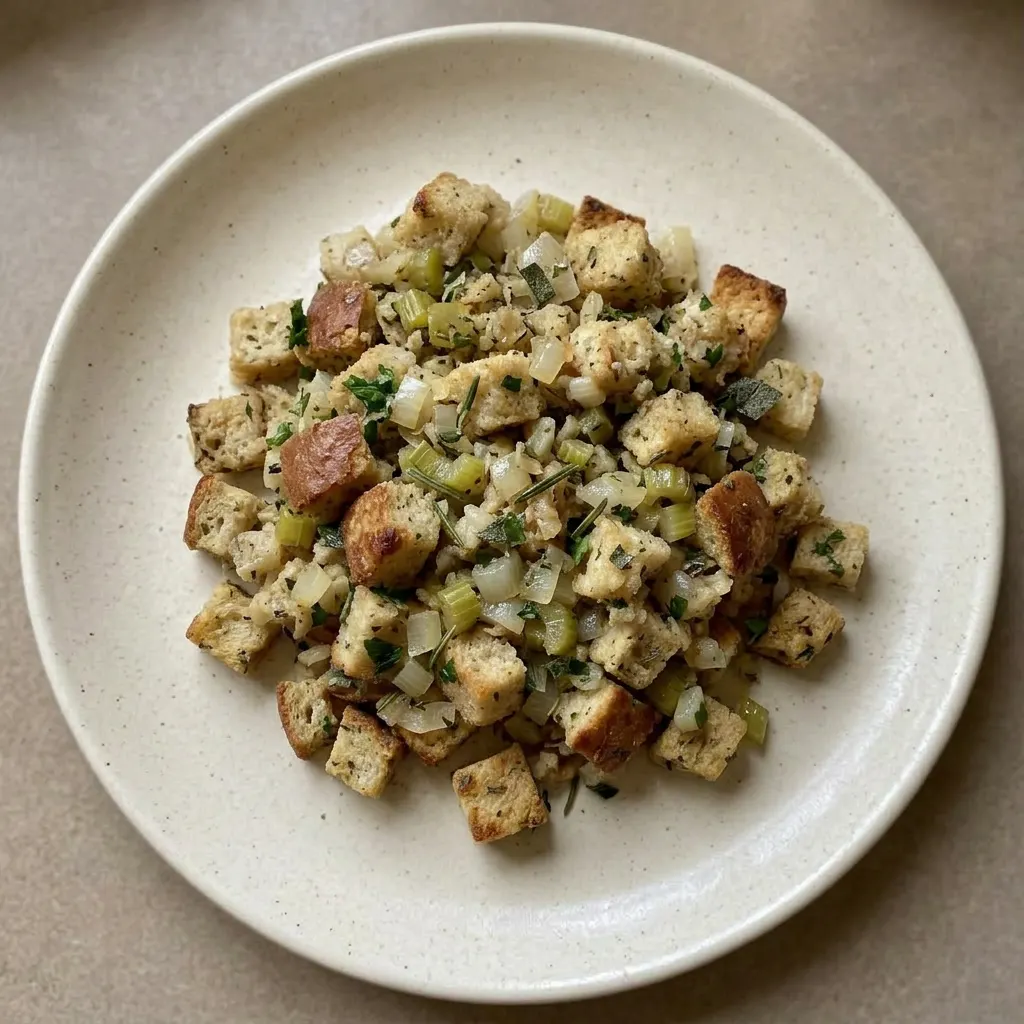Ready to serve: a mound of stuffing topped with fresh parsley and a sprig of rosemary.