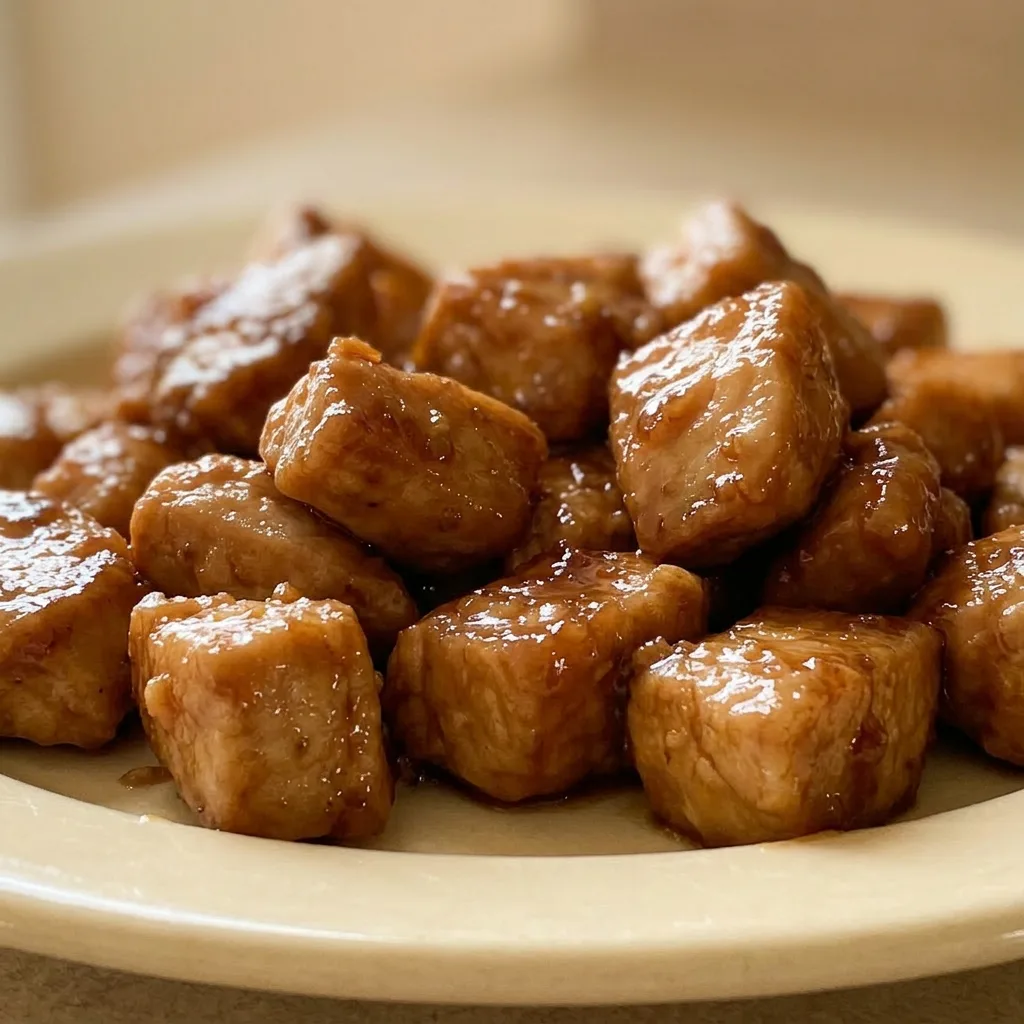Up close, golden chicken cubes glazed in honey garlic soy sauce with garlic bits.