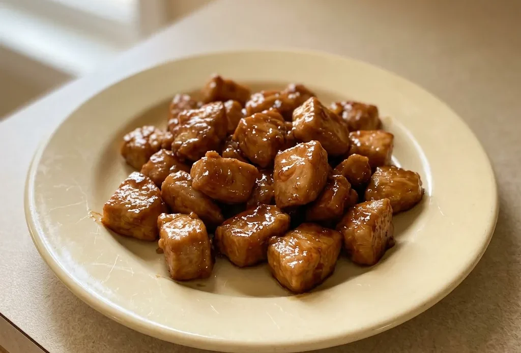 Looking down at glossy chicken cubes with honey garlic sauce, sesame seeds scattered.