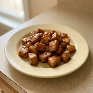 Looking down at glossy chicken cubes with honey garlic sauce, sesame seeds scattered.