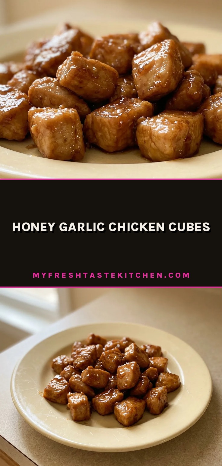 Looking down at glossy chicken cubes with honey garlic sauce, sesame seeds scattered.