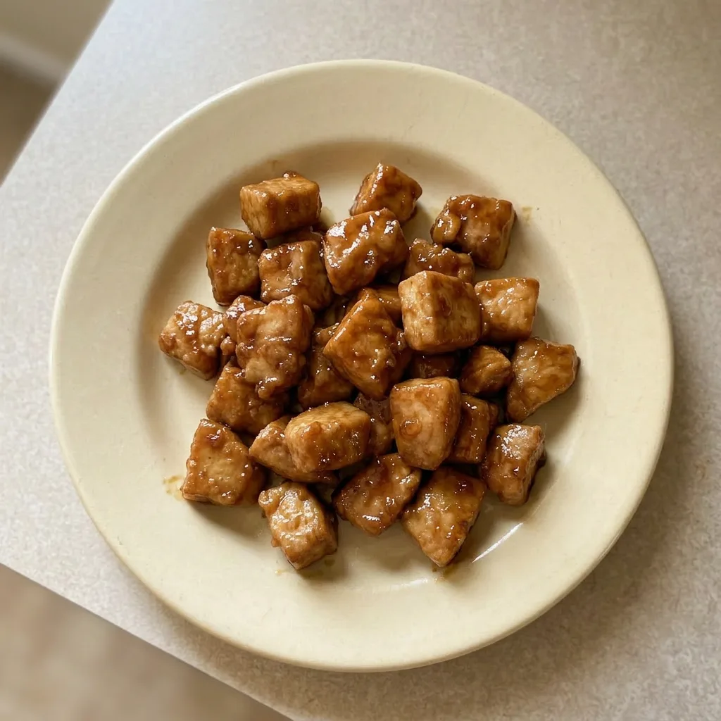 A plate of honey garlic chicken cubes topped with sesame seeds and garlic pieces.