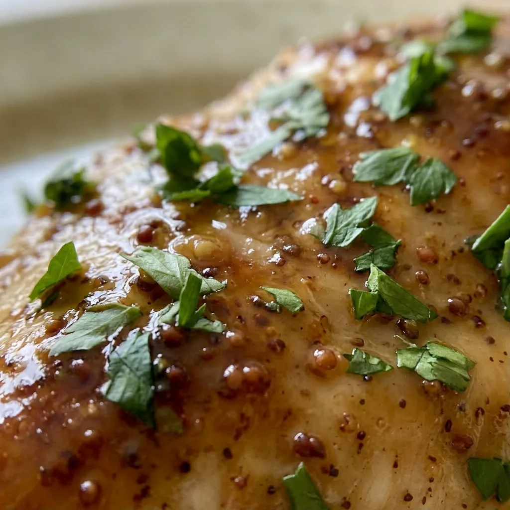 Macro detail of a chicken piece with glossy honey mustard glaze, showing Dijon mustard seeds and apple cider vinegar sheen.
