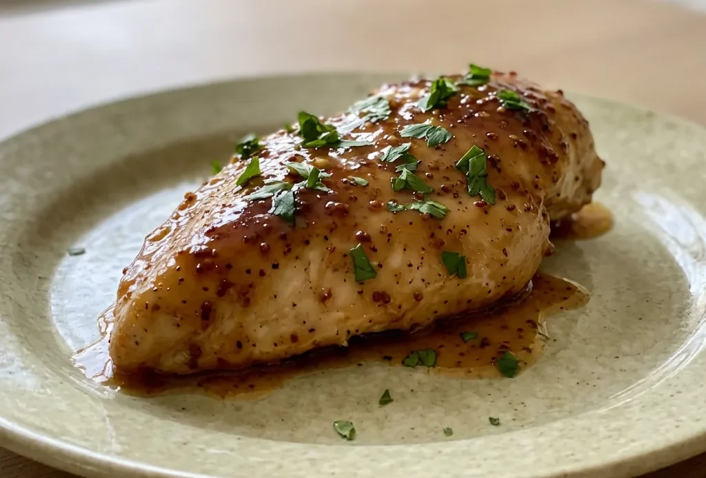 Top-down look at a chicken breast coated in golden honey mustard sauce, with a drizzle of olive oil and specks of garlic and onion powder.