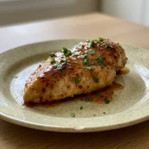 Top-down look at a chicken breast coated in golden honey mustard sauce, with a drizzle of olive oil and specks of garlic and onion powder.