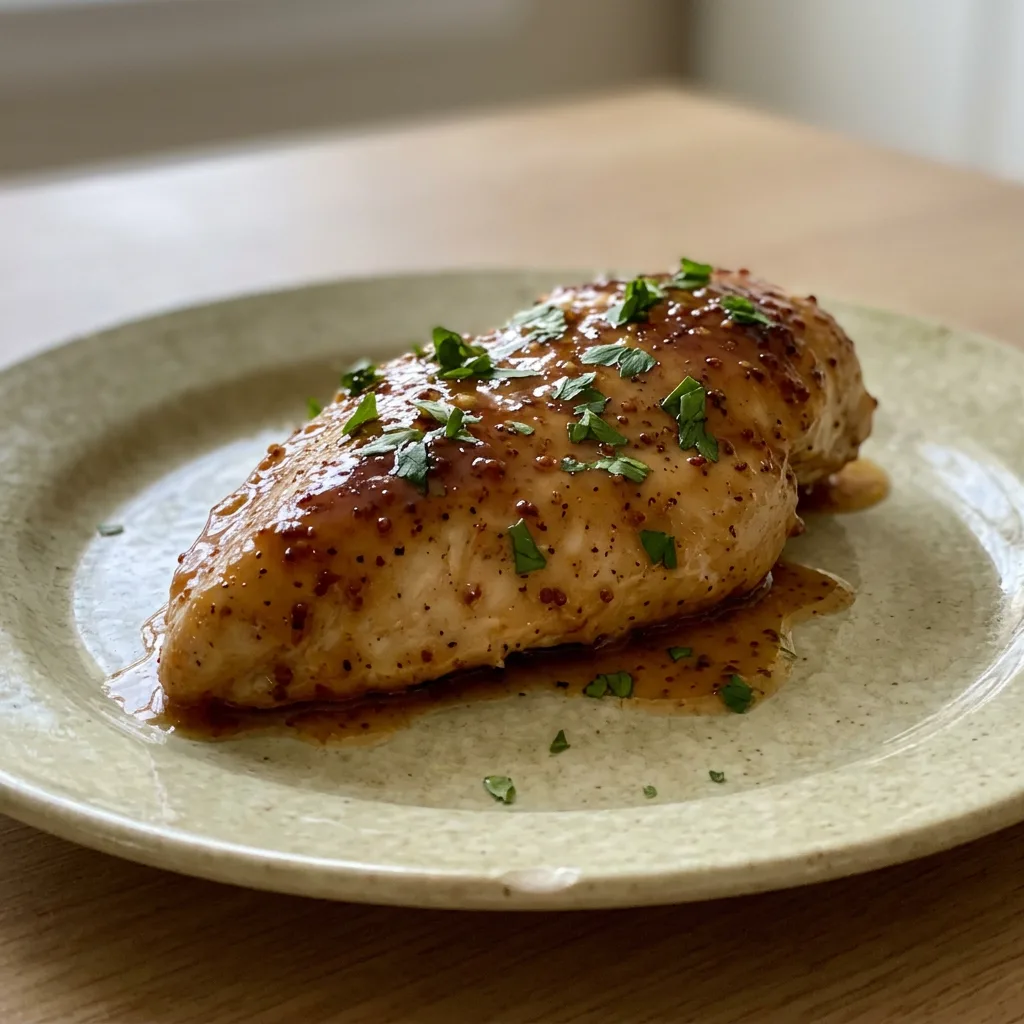 Top-down look at a chicken breast coated in golden honey mustard sauce, with a drizzle of olive oil and specks of garlic and onion powder.
