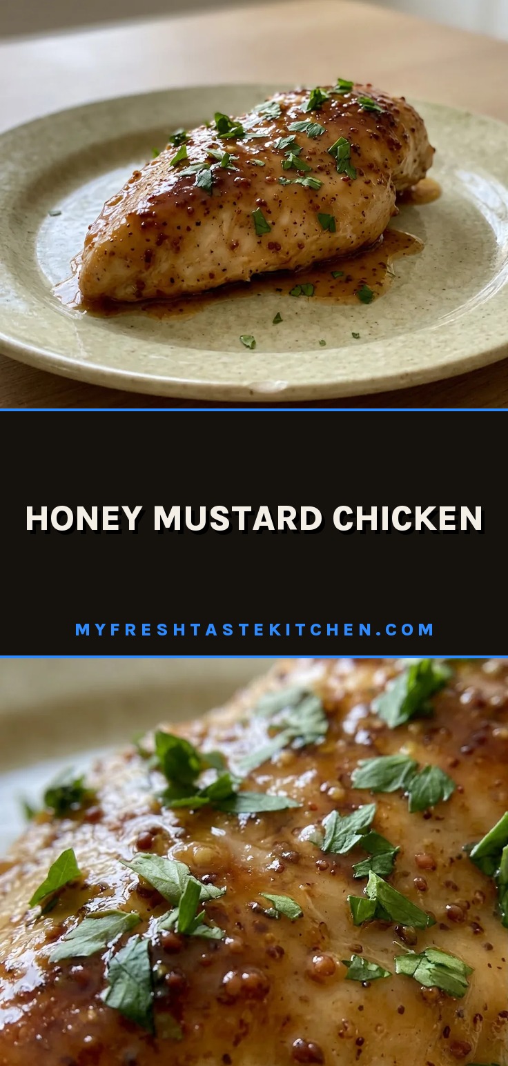 Top-down look at a chicken breast coated in golden honey mustard sauce, with a drizzle of olive oil and specks of garlic and onion powder.