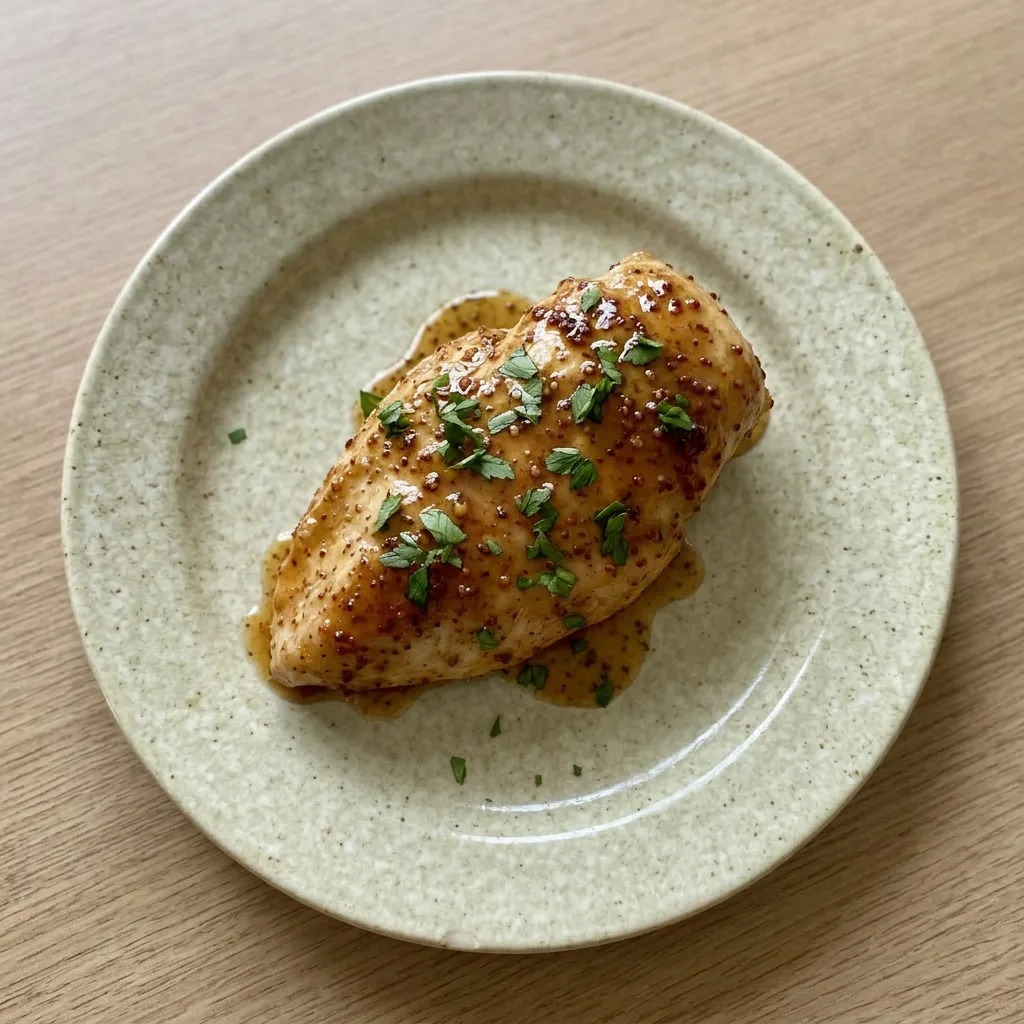 A serving of honey mustard chicken with a thick, amber sauce clinging to the meat, garnished with visible garlic and onion powder.