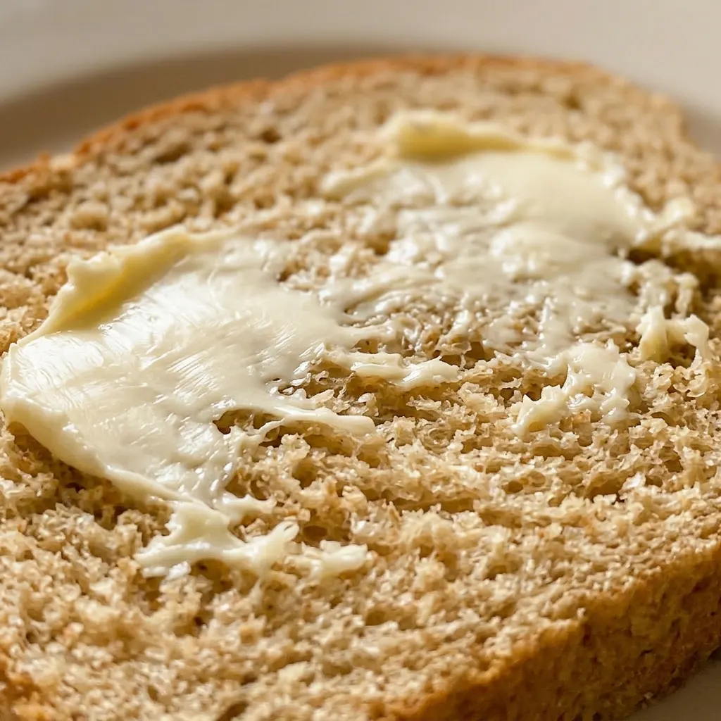 Up close, a slice of honey wheat bread with visible whole wheat and bread flour crumbs, honey glaze, and a pat of butter melting.