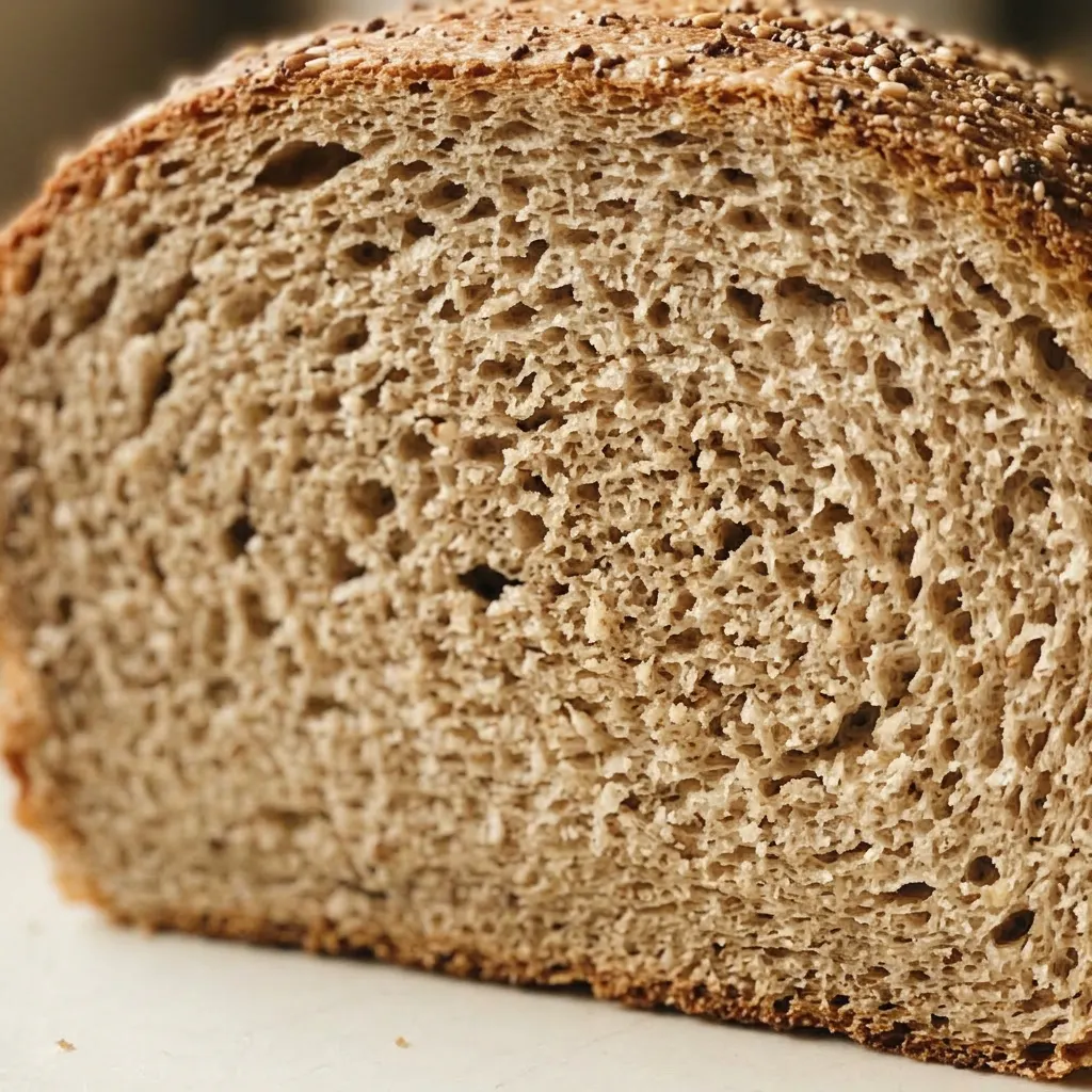 Macro detail of a slice of honey wheat bread, showing dense crumb with tiny air pockets and a smear of butter melting.