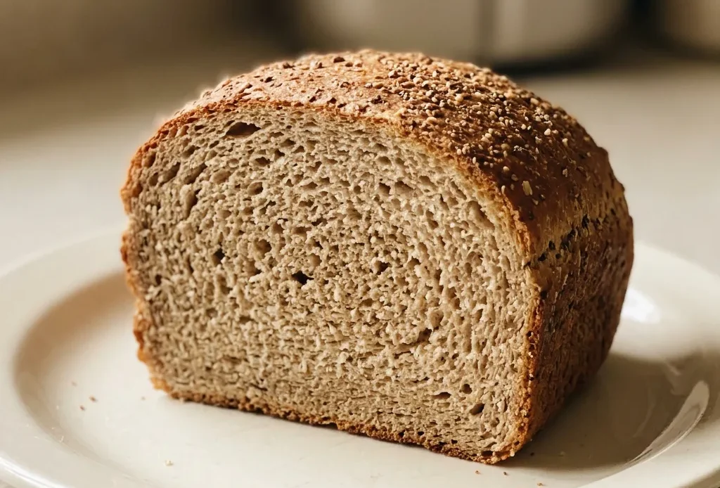 Top-down look at a round loaf of honey wheat bread, crust golden brown with a few cracks, sliced into wedges.