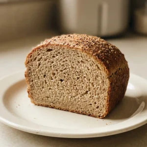 Top-down look at a round loaf of honey wheat bread, crust golden brown with a few cracks, sliced into wedges.