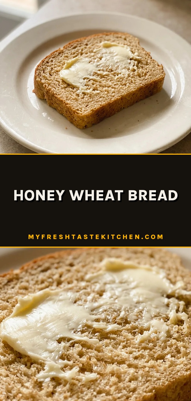 Looking down at a round loaf of honey wheat bread, sliced into wedges, with honey drizzled on top.